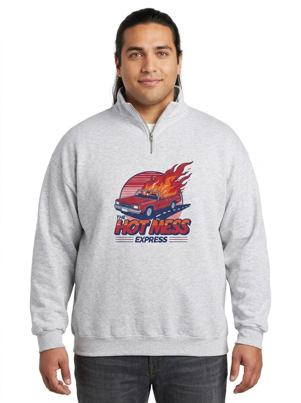 Jerzees Gray Mock Neck Knit Quarter Zip Graphic Sweatshirt Men Size 2XL